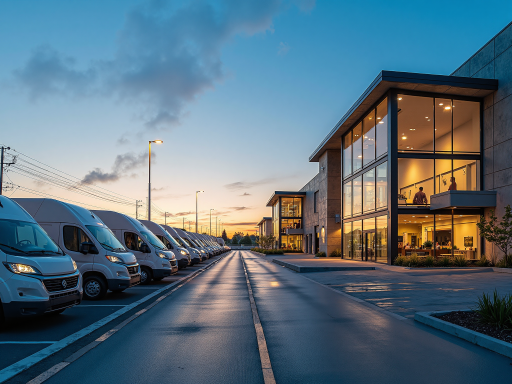 Modern warehouse facility exterior view showing large industrial building with loading docks and delivery trucks, clean architectural design, professional business environment