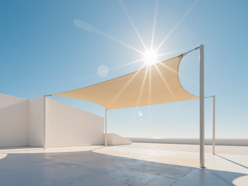Medium sized retractable sun shelter showing beige colored fabric and steel frame, installed near patio furniture, residential outdoor setting